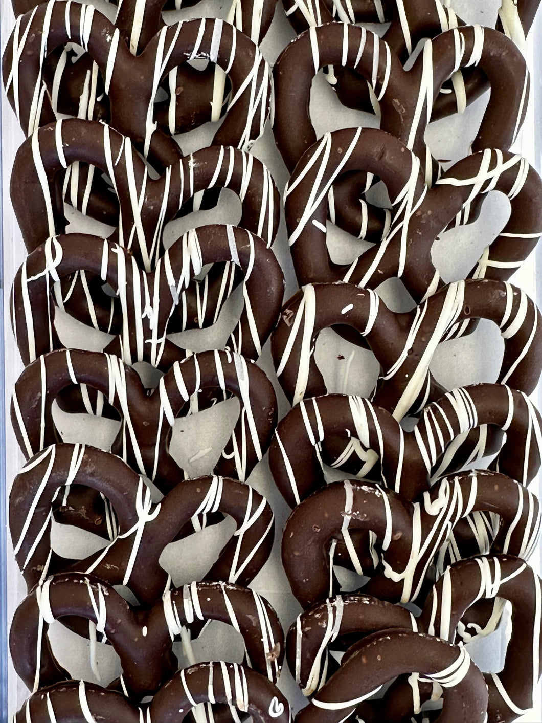 Dark Chocolate Covered Pretzels with White Chocolate Drizzle